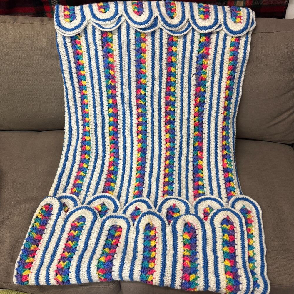 Vintage Rainbow Scalloped Hand Crocheted Afghan Blanket Throw 57"x48" White